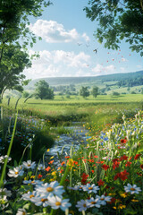 Tranquil Meadow with Rolling Hills, Flowing Stream, and Graceful Trees in Serene Countryside
