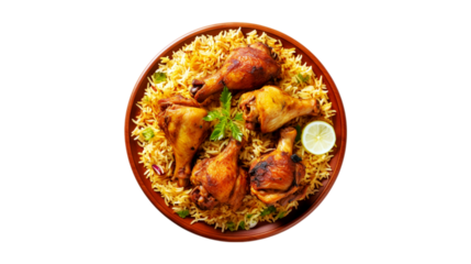 A bowl of biryani with chicken pieces on a transparent background