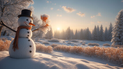 Obraz premium Serene twilight winter landscape with snowman wearing black hat and orange scarf standing on snow-covered ground