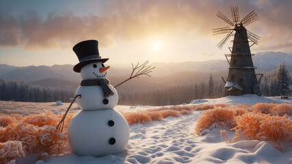 Smiling snowman wearing orange knitted scarf and black hat in snowy landscape with pine trees under twilight sky