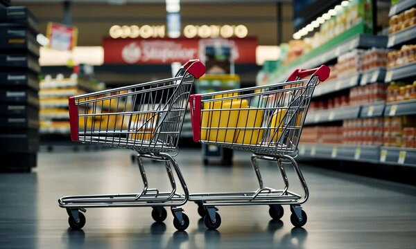 Two empty shopping carts in supermarket aisle.