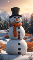 Obraz premium Snowman in orange scarf and black hat smiling under the winter twilight sky surrounded by snow-covered pine trees