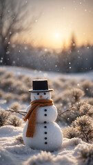 Obraz premium Snowman wearing black hat and orange scarf in snowy landscape surrounded by tall pine trees and glowing twilight hues