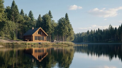 Serene Wooden Cabin by Calm Lake Surrounded by Lush Forest