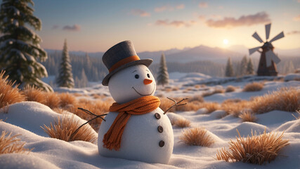 Obraz premium Snowman with black hat and orange scarf in snow-covered landscape under a beautiful twilight sky filled with pine trees