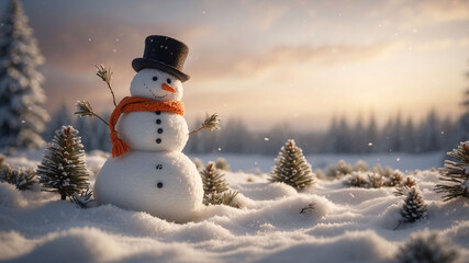 Obraz premium Snowman with orange knitted scarf and black hat smiling on a snowy ground surrounded by pine trees during twilight