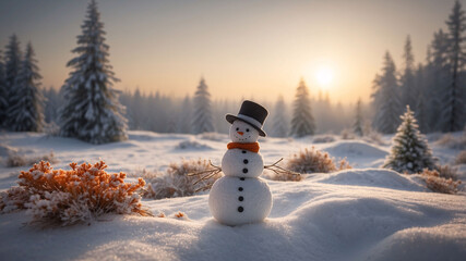 Obraz premium Twilight glow over snow-covered landscape with snowman wearing black hat and orange scarf standing proudly near pine trees