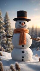 Obraz premium Twilight scene with snowman in black hat and orange scarf smiling under snow-covered pine trees in winter landscape