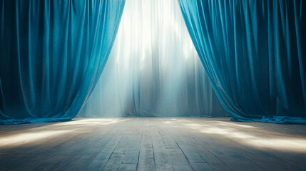 Soft light filtering through blue curtains in a serene indoor space. 