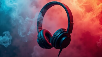 Modern headphones with vibrant colored smoke background