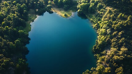 Aerial view of a serene lake surrounded by lush forest