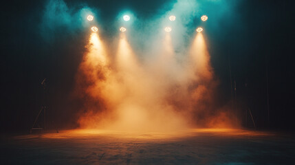 Obraz premium Light beams illuminate a foggy stage in a dramatic performance setting. 