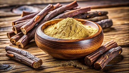 Macro Photography: Dried & Powdered Licorice Root in Wooden Bowl - Herbal Remedy, Natural Healing