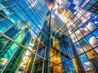 Fototapeta premium Macro Photography: Futuristic Skyscraper Facade Reflection, Ajar Ventilation Windows