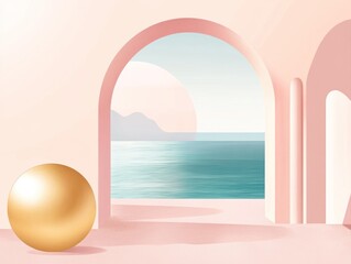 Golden sphere by pink archway, ocean view.