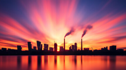Fototapeta premium A vibrant sunset paints the sky in shades of pink and orange, silhouetting a city skyline with smokestacks against a reflective water surface.