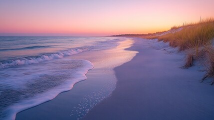 Serene beach at sunset with gentle waves and coastal grass.