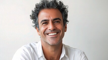 Obraz premium Joyful Middle Eastern Man with Curly Hair Smiling in White Shirt