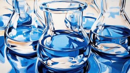 Close-up of colorful scientific beakers filled with liquid.