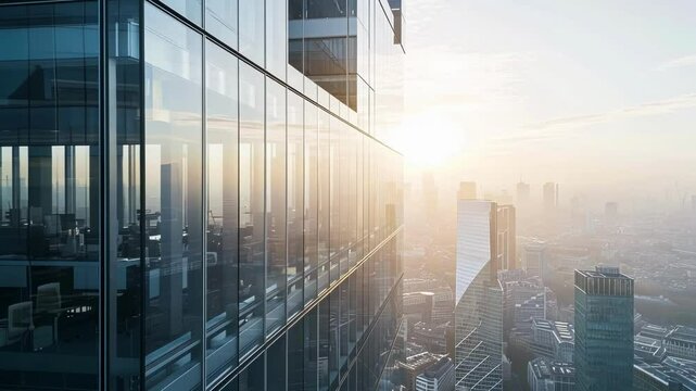 Sunlight reflecting on sleek glass skyscraper facade, illuminating metropolitan cityscape with soft morning haze and distant urban skyline during golden sunrise