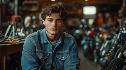 Young man in denim jacket sits confidently in modern motorcycle workshop. Surrounding various tools, motorcycles. Looks focused, passionate. Scene youth, craftsmanship in contemporary urban garage