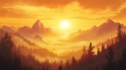 Majestic Mountain Landscape with Sunrise and Misty Forest View