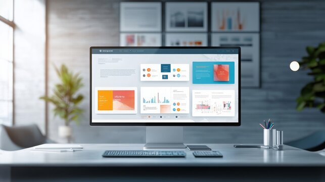 Modern Office Workspace with Presentation on Screen