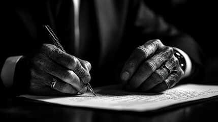 Close-up of elderly hands signing a document with a pen.