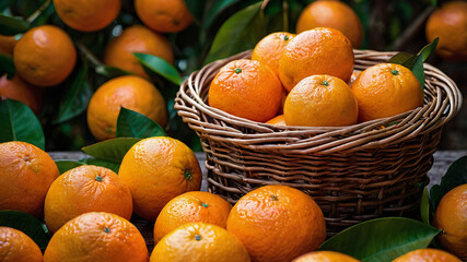 A basket filled with ripe oranges, surrounded by scattered fruits, highlighting their bright orange hue and smooth texture, capturing the essence of a fresh harvest
