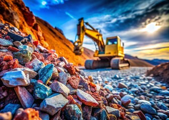 Macro Photography: Quarry Crushing Equipment Detail - Excavator and Rock Fragments