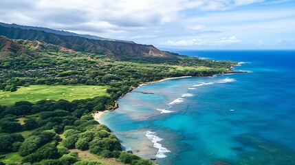 Naklejka premium Aerial view of tropical coastline, ocean, beach, and green hills.