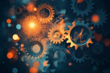 Blurred background with overlapping gears represents automation concept in business and industry