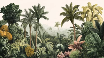 Fotobehang Lush Tropical Jungle with Diverse Greenery and Tall Palm Trees © TopMedia