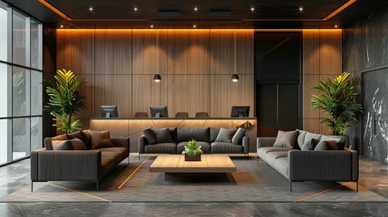 Modern Hotel Lobby with Dark Wood Paneling, Comfortable Seating, and Warm Lighting