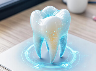 A futuristic, glowing hologram of a tooth displayed on a digital surface, emphasizing dental health and technology.