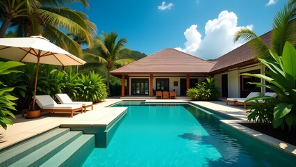 Fototapeta premium A private villa with a personal pool and lush greenery