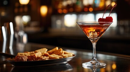 Naklejka premium Manhattan Cocktail with Cherries and Snacks at a Bar