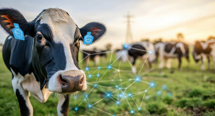 A cow with digital sensors on its ears stands in a field, symbolizing the integration of technology in agriculture and smart farming practices.