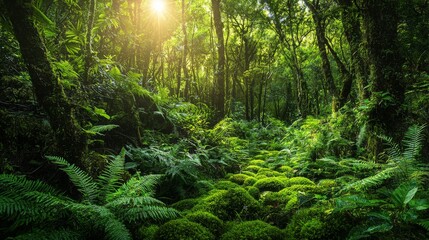 Obraz premium Lush Green Forest with Soft Moss and Ferns