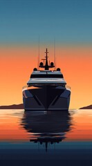 Luxury yacht at sunset, reflecting on calm water.