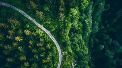 Aerial view of a winding road through a lush green forest. Concept of nature, environment, and sustainability.