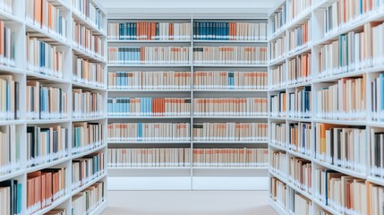 Quiet library interior rows of organized bookshelves. Calm, peaceful atmosphere. Knowledge, education evident. Books in various colors, sizes fill every shelf. Space well-organized, inviting for