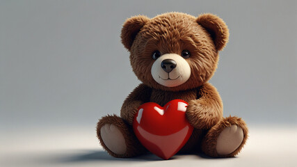 Obraz premium Adorable 3D teddy bear cuddling a bright red heart. High-quality render with cozy, heartwarming vibe for Valentine’s or romantic content.