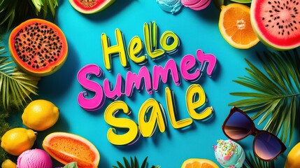 Colorful Summer Sale Announcement with Tropical Fruits and Sunglasses