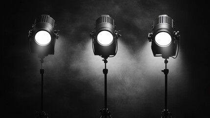 Bright stage lights illuminating a dark setting with dramatic effects. 