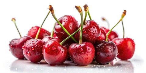 AI-generated macro captures glistening, bright red cherries;  a tilt-shift effect enhances their juicy freshness.