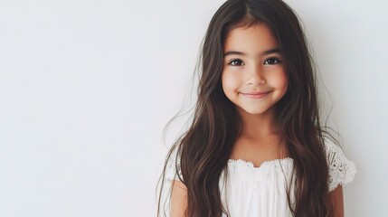 Radiant Young Latina Girl with Long Hair in White Dress Smiling