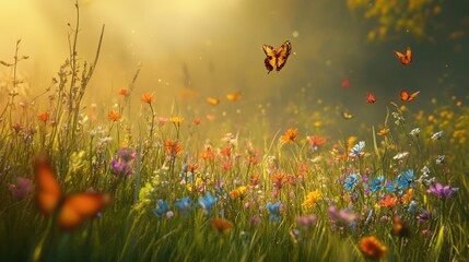 Obraz premium Vibrant Wildflower Meadow with Butterflies in Soft Golden Light
