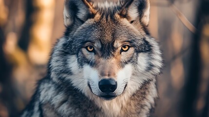 Fototapeta premium Close up of a Grey Wolf in Forest. Wild Animal Portrait.