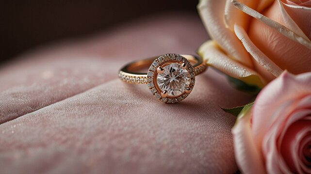 Sparkling diamond engagement ring on a velvet surface, surrounded by rose petals and warm red hues. Romantic bokeh adds elegance, perfect for Valentine's Day